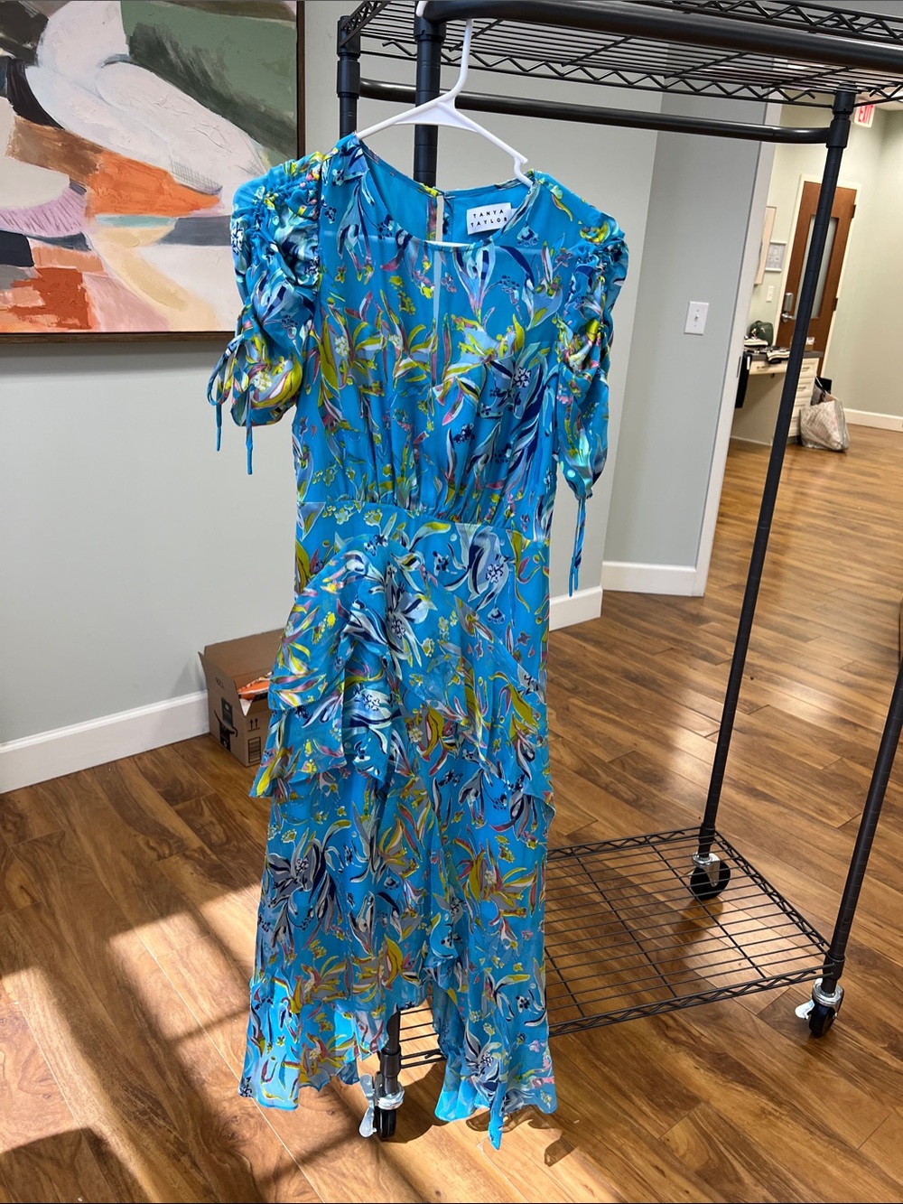 Tanya Taylor Teal Floral Puff-Sleeve Midi Dress